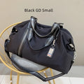 Men's black gold Oxford cloth travel bag with zipper opening and three shoulder straps shown on a neutral background
