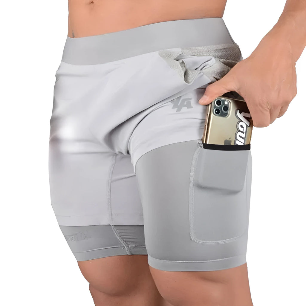 Men's double-layer 2-in-1 running shorts in black with phone pocket, quick-dry fabric for summer training