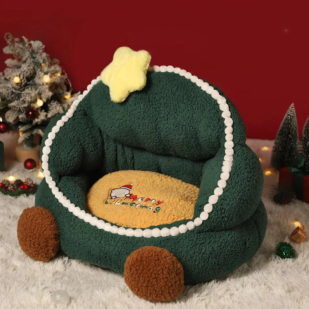 Green Christmas tree cat nest, closed pet bed, warm winter, removable washable cat bed