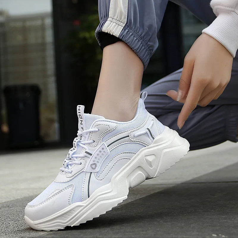 Women's white mesh casual sports shoes with thick sole and buckle fastening