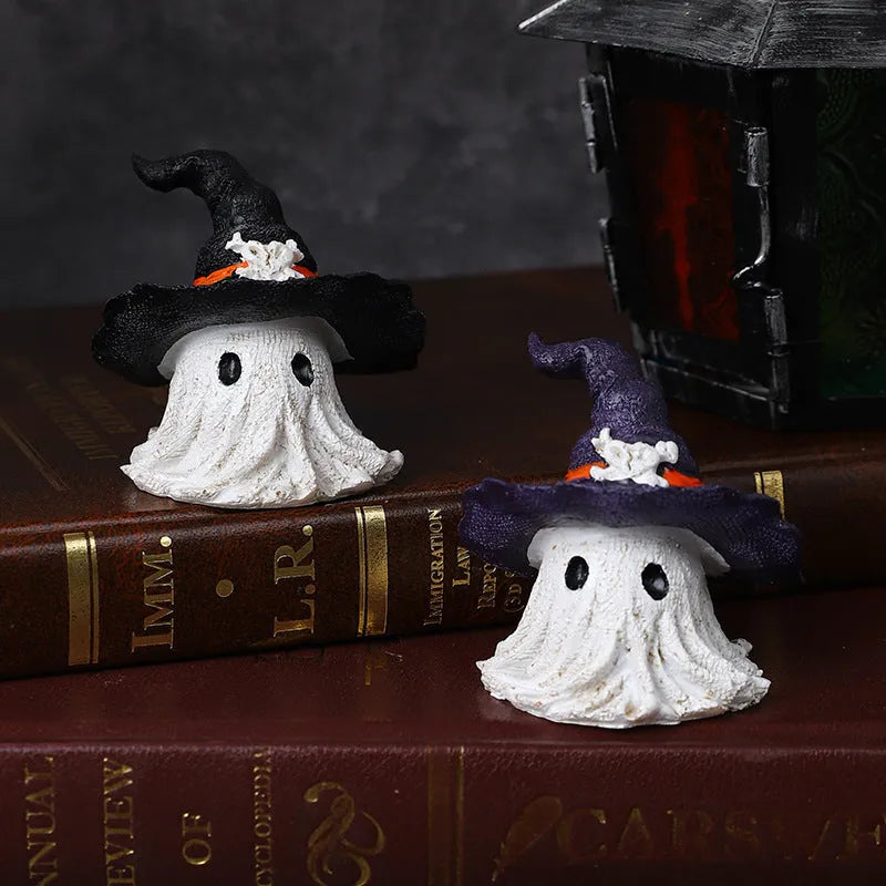 Purple and black solid resin wizard hat ghost ornaments for Halloween and Christmas decor.