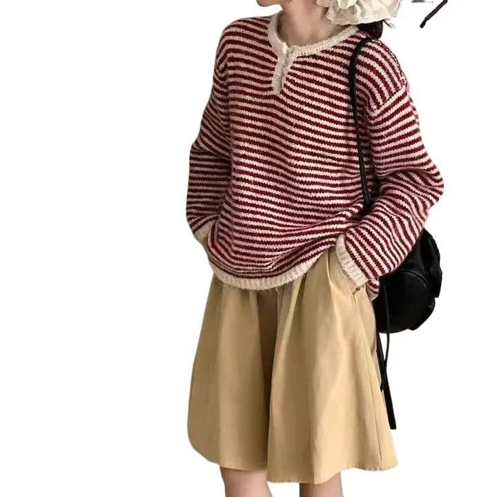 Red and blue striped retro cashmere pullover sweater for women, loose fit.