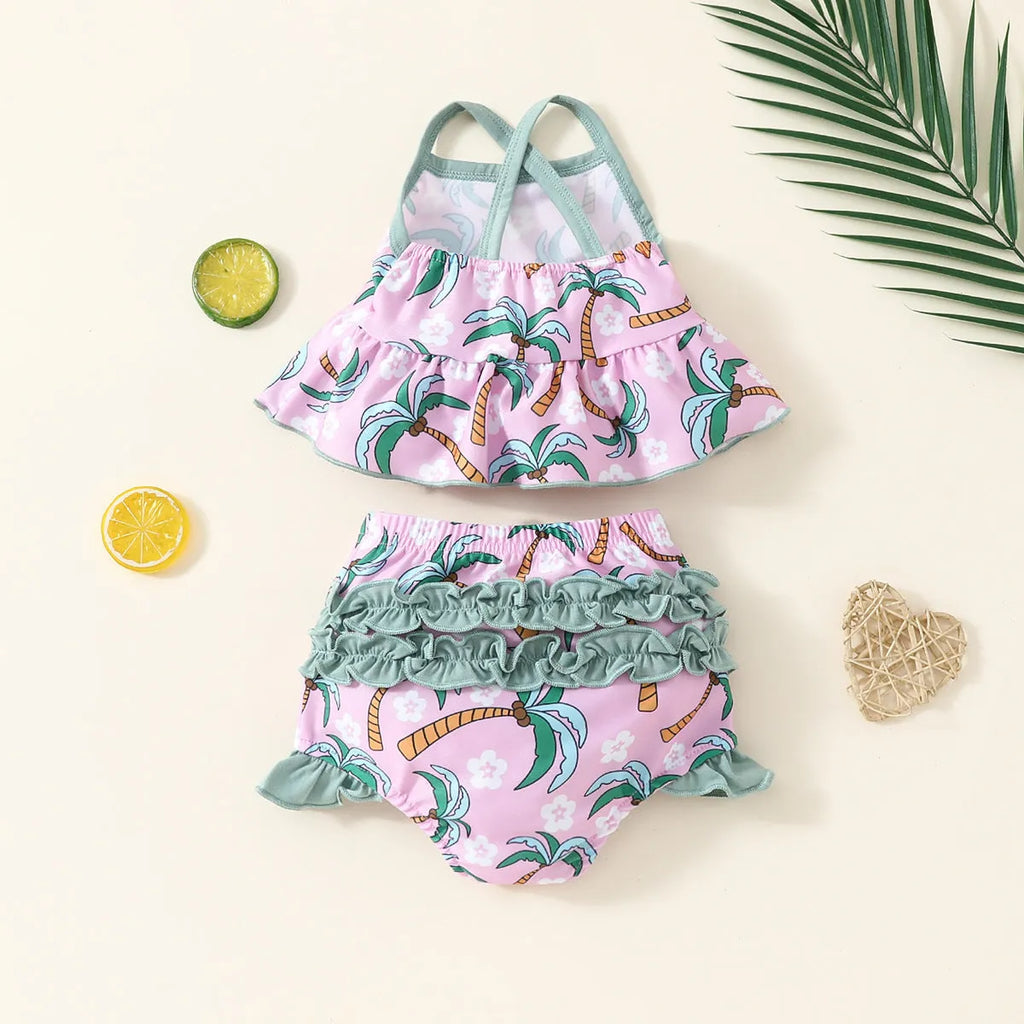 Girls white polyester two-piece swimsuit set with top and shorts for beach or pool