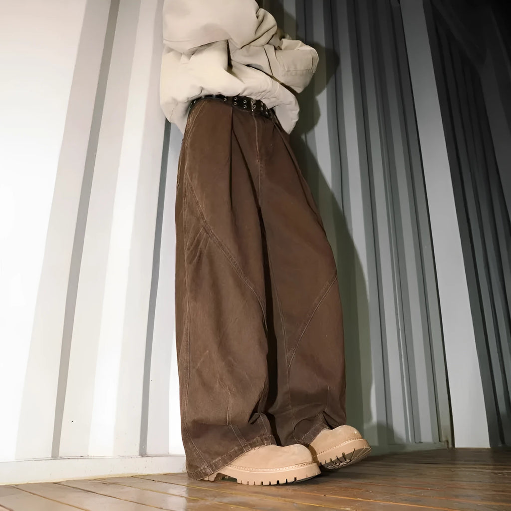 Men's loose fit straight leg trousers with pleated waist in black, brown and apricot colours