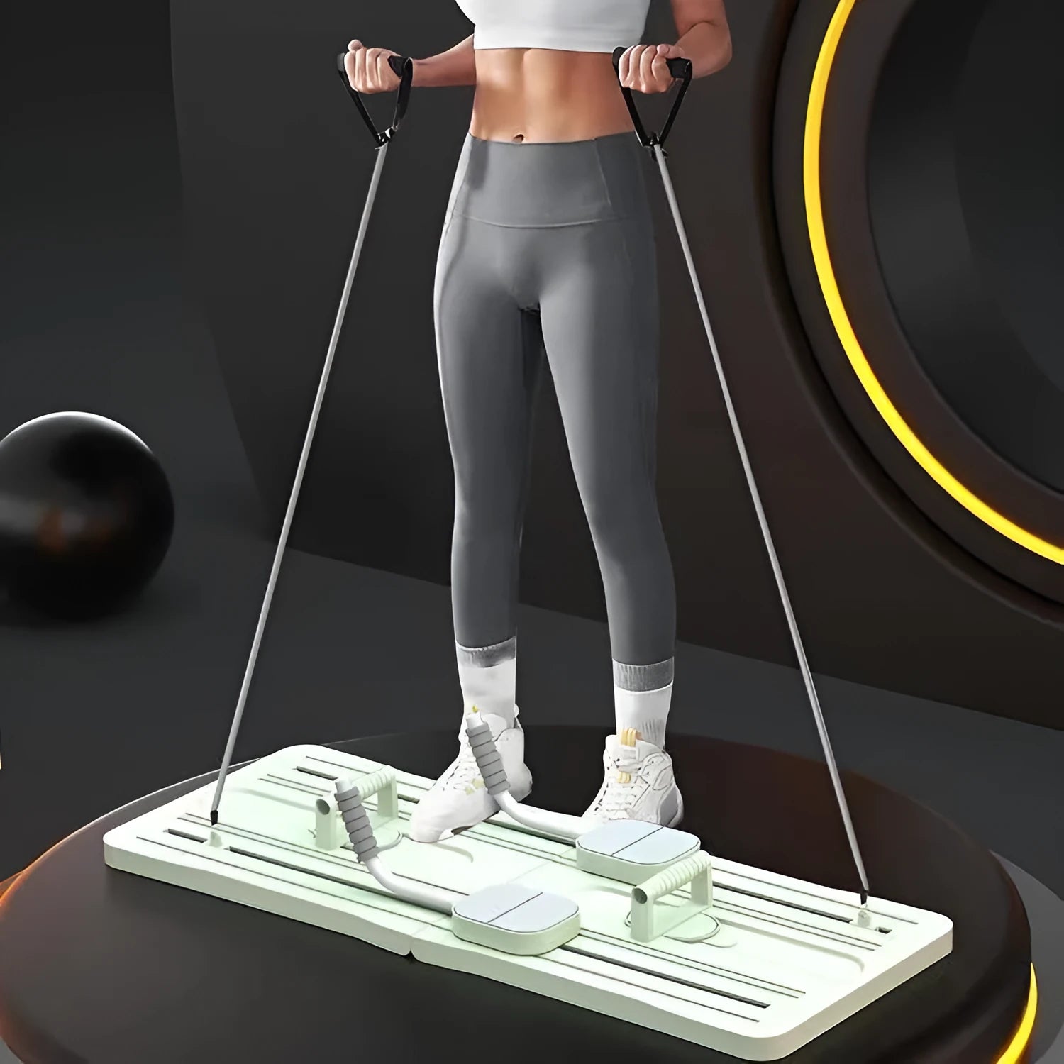 Purple, black, and pink foldable PP plastic belly panel fitness board for abdominal exercises.