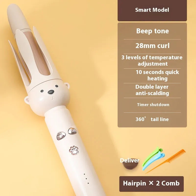 Beige anion automatic hair curler with rotating ceramic barrel on stand