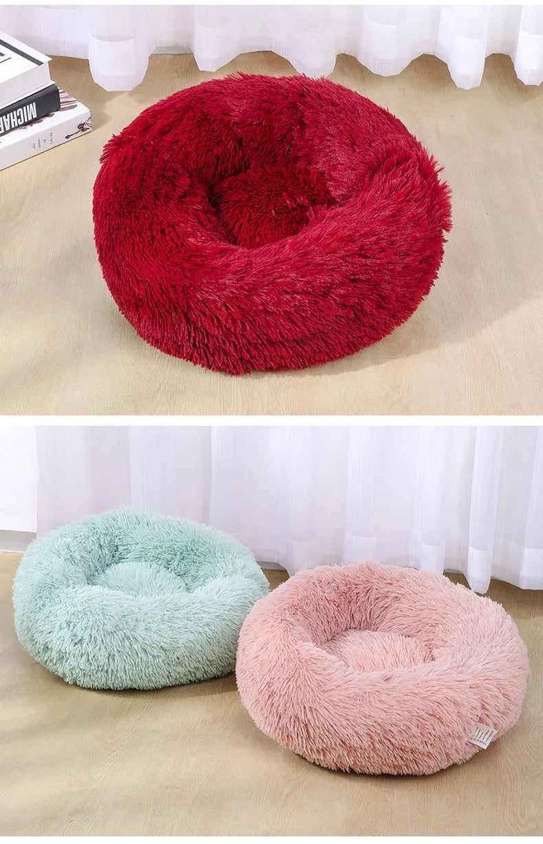 Round plush cloth pet bed for dogs and cats, available in 40cm to 120cm sizes and many colours