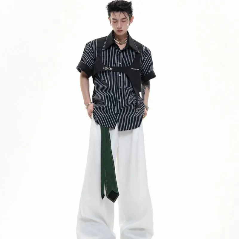Men's black and white striped cotton short sleeve shirt with lapel collar