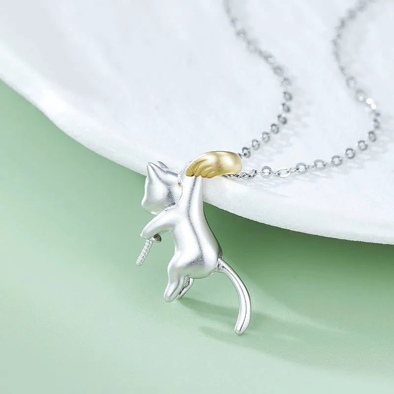 925 sterling silver clavicle chain necklace with cat pendant and pearl bead options