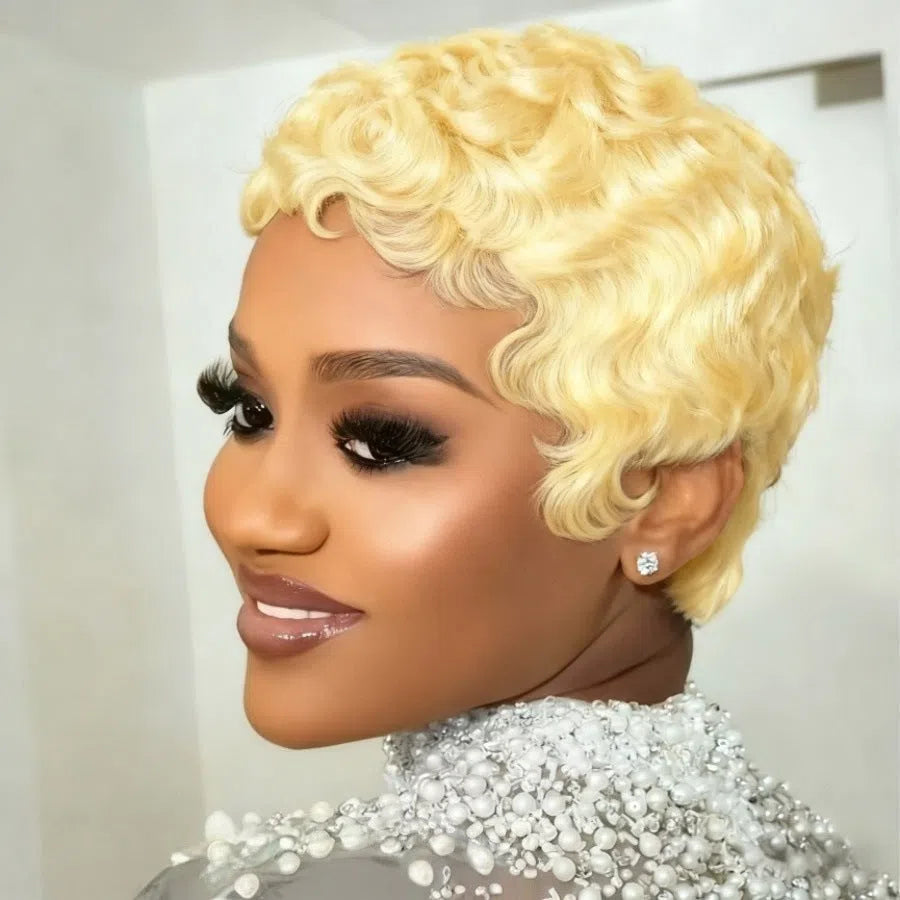 Blonde curly pixie cut human hair wig with wave pattern 6inch 613# gold colour