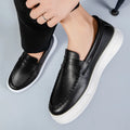 British-style men's casual leather shoes with round toe in white, black and white, and khaki colour options