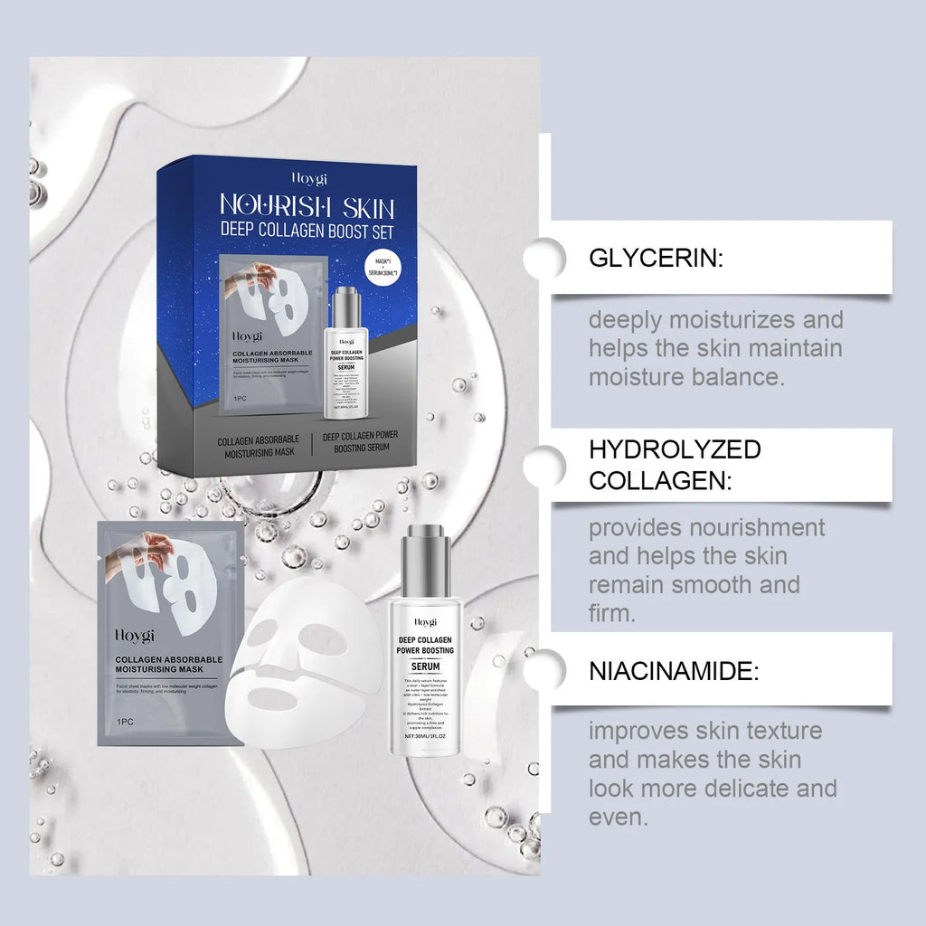 Collagen moisturising skincare set with facial mask and 30ml essence bottle
