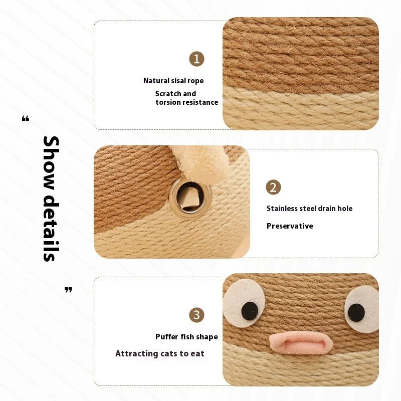 Blue puffer leakage food feeder tumbler puzzle toy for cats and dogs, 15cm sisal cube.