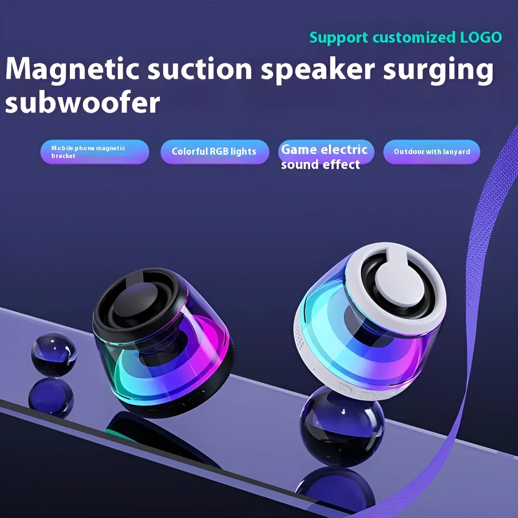 White and black portable mini Bluetooth speaker with magnetic base and ambience light for outdoor and desktop use