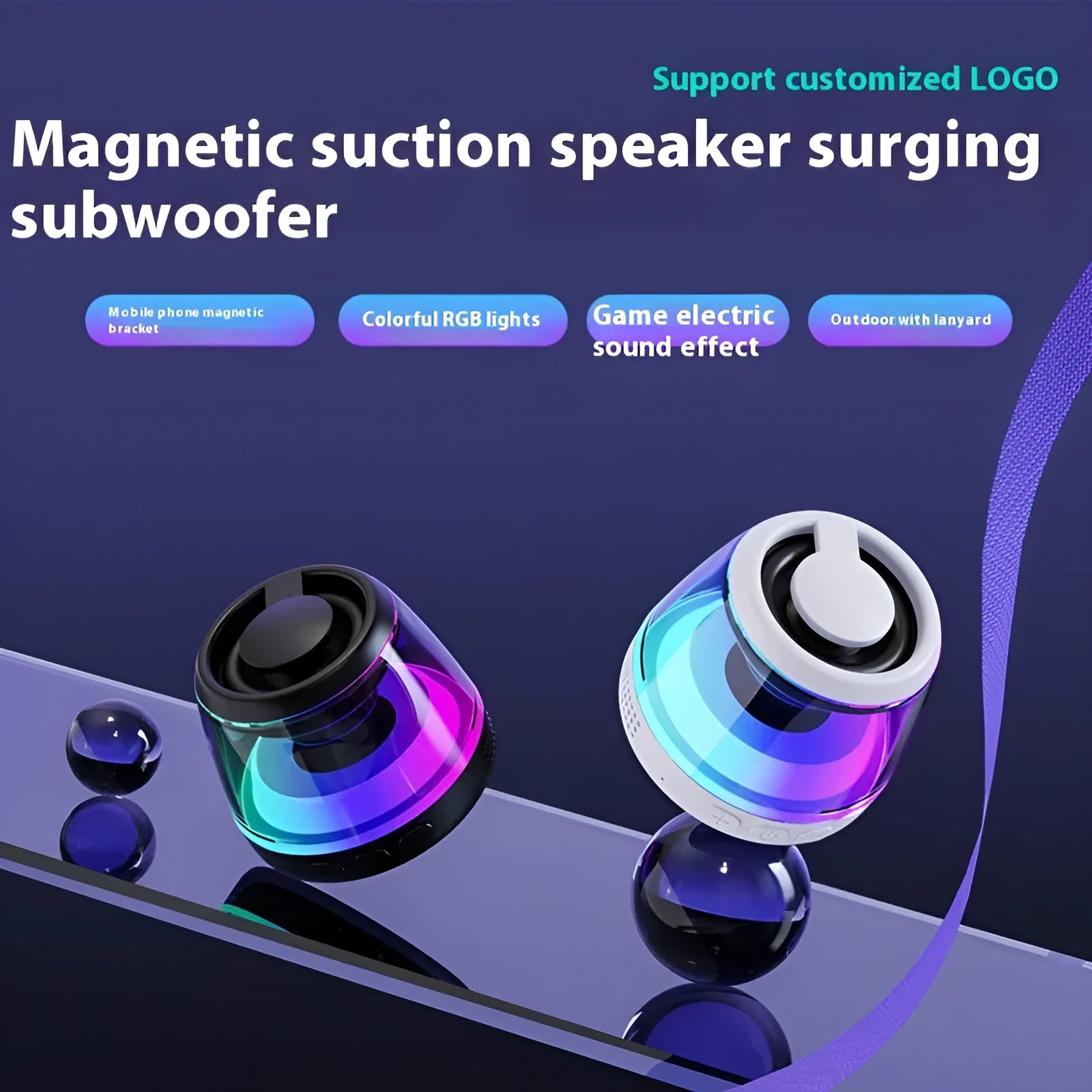 White and black portable mini Bluetooth speaker with magnetic base and ambience light for outdoor and desktop use