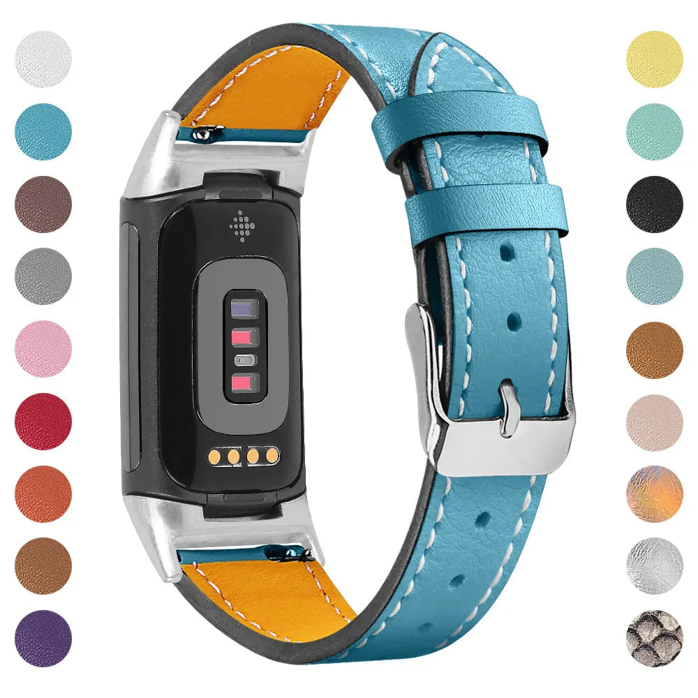 Genuine cowhide leather replacement strap for Fitbit Charge 5 and Charge 6 smartwatches in multiple colours.