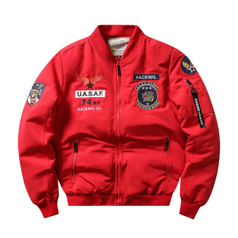 Men's slim-fit stand collar retro quilted motorcycle jacket in blue on a mannequin