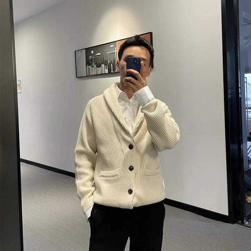 Men’s Korean style hooded knitted cardigan coat in polyester fibre, loose fit, winter long sleeve, available in green black apricot sizes M to 4XL