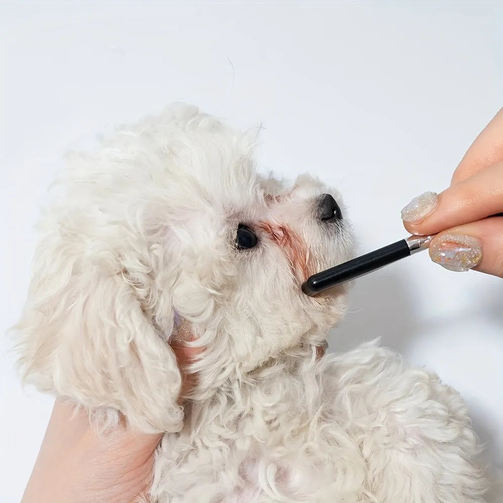 Black dual-ended pet grooming brush with soft brush and comb on a white background.