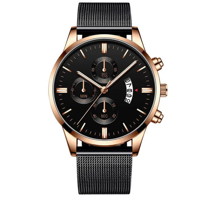 Men's stainless steel analogue watch with a mesh band, shown in a two-tone colour option.