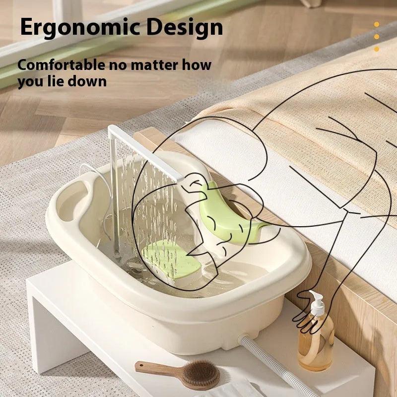 Bed shampoo basin with circulating water pump, drain pipe, neck pillow and massage brush for lying-down hair washing