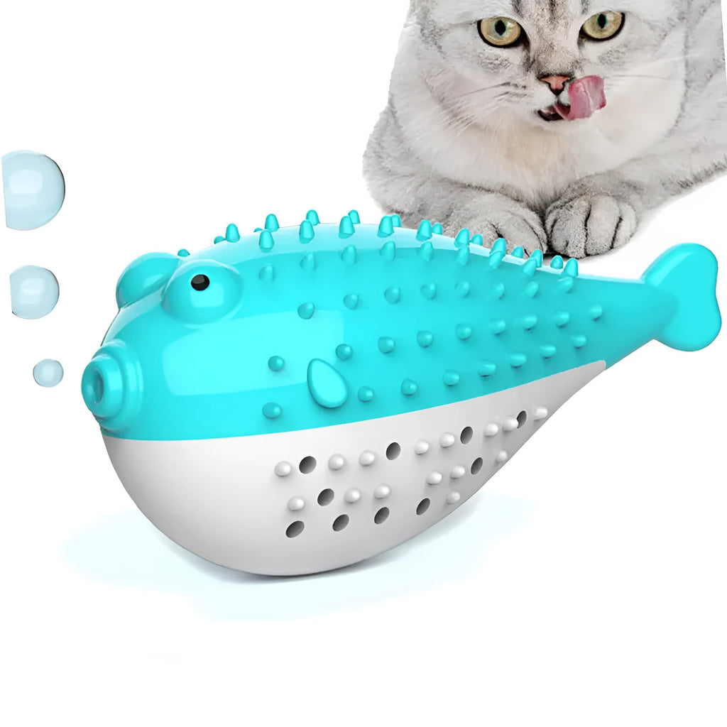 Mint Toys silicone fish-shaped cat chew toy for dental cleaning and play in assorted colours.