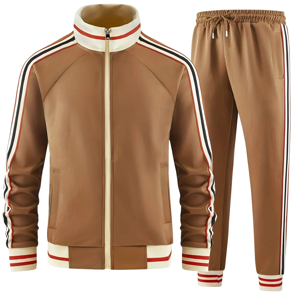 Khaki turtleneck zipper cardigan and trousers two-piece street style suit