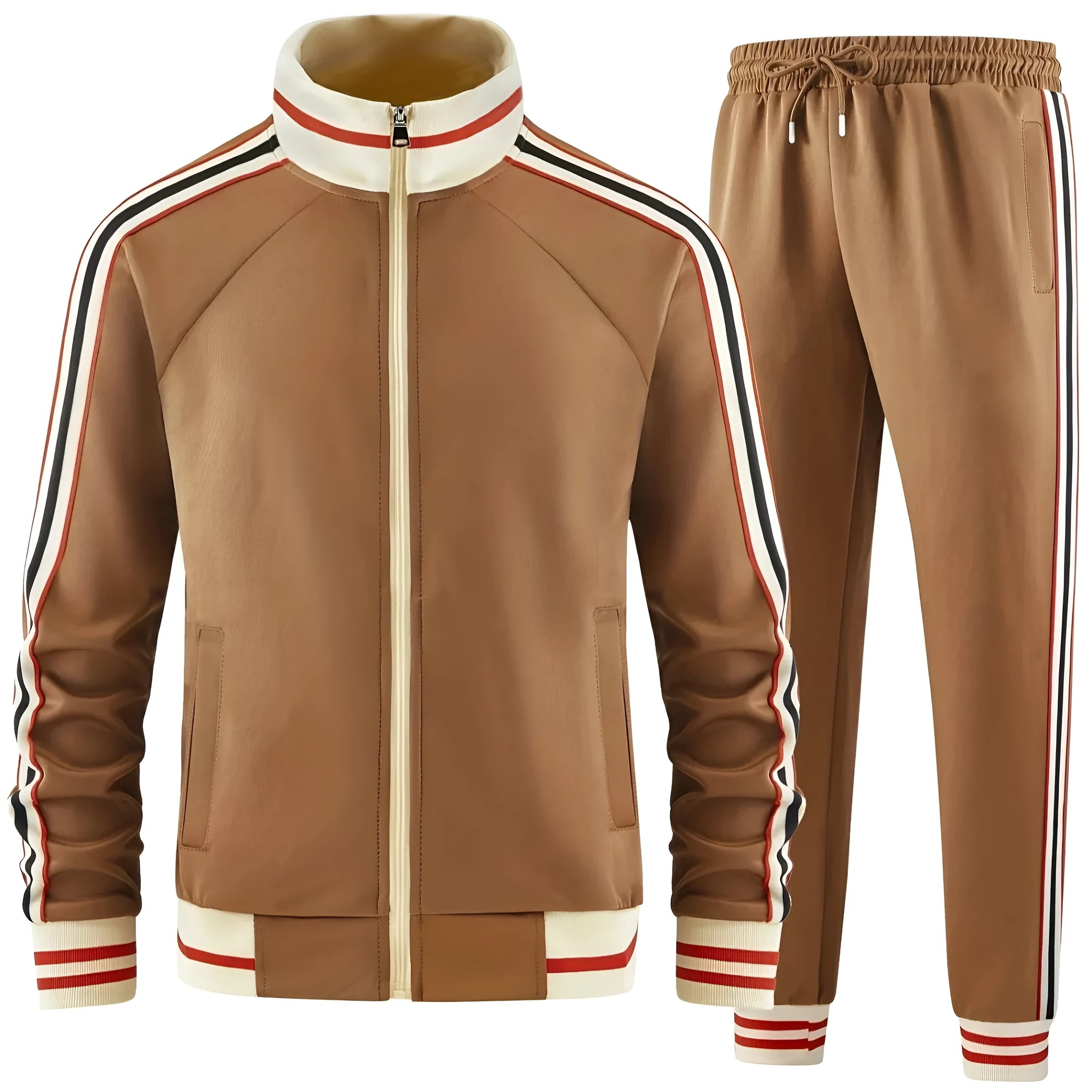 Khaki turtleneck zipper cardigan and trousers two-piece street style suit
