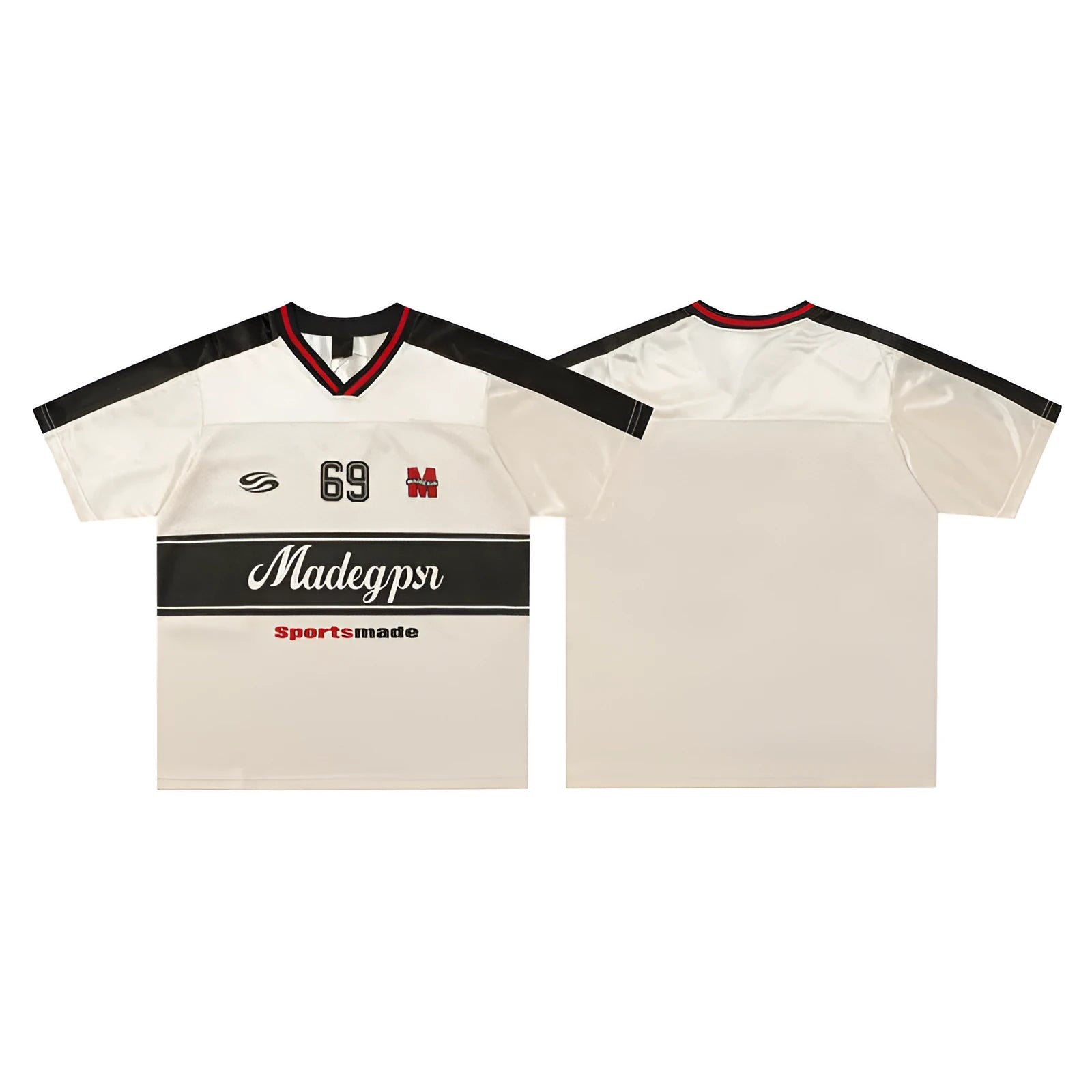 Apricot V-neck sports jersey top with lettered pattern and drop-shoulder sleeves laid flat