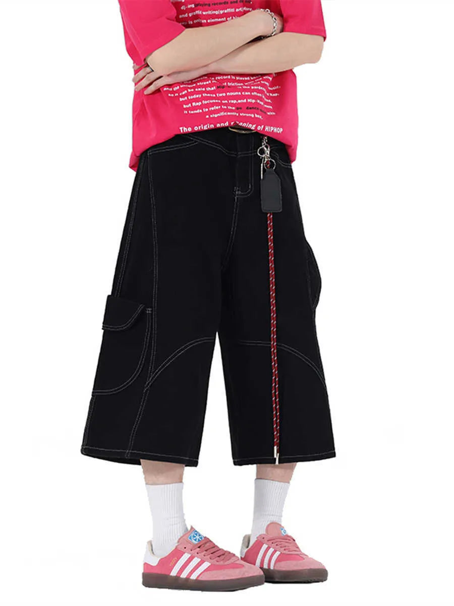 Retro denim workwear shorts with wide leg design and multiple pockets in red and black colours