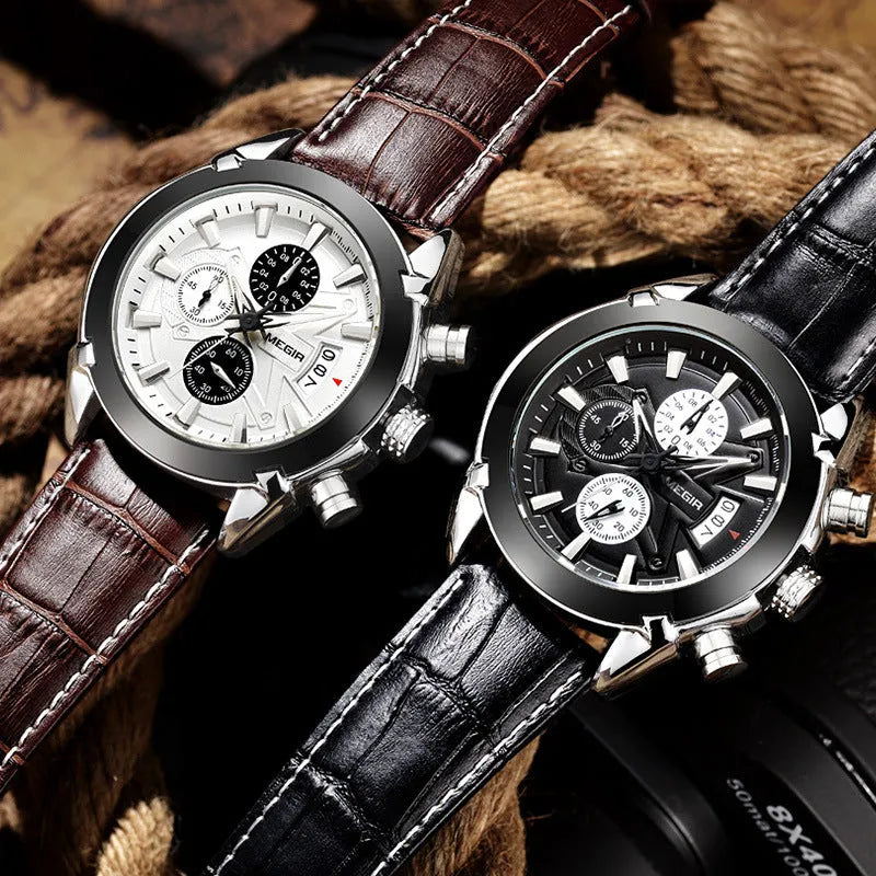 Men's multifunctional quartz watch with three dials and luminous hands on waterproof case