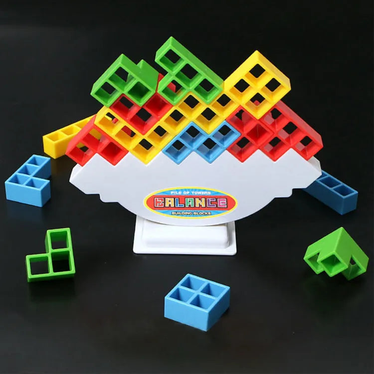 Balance stacking board game with plastic building blocks, chassis, and base for family play