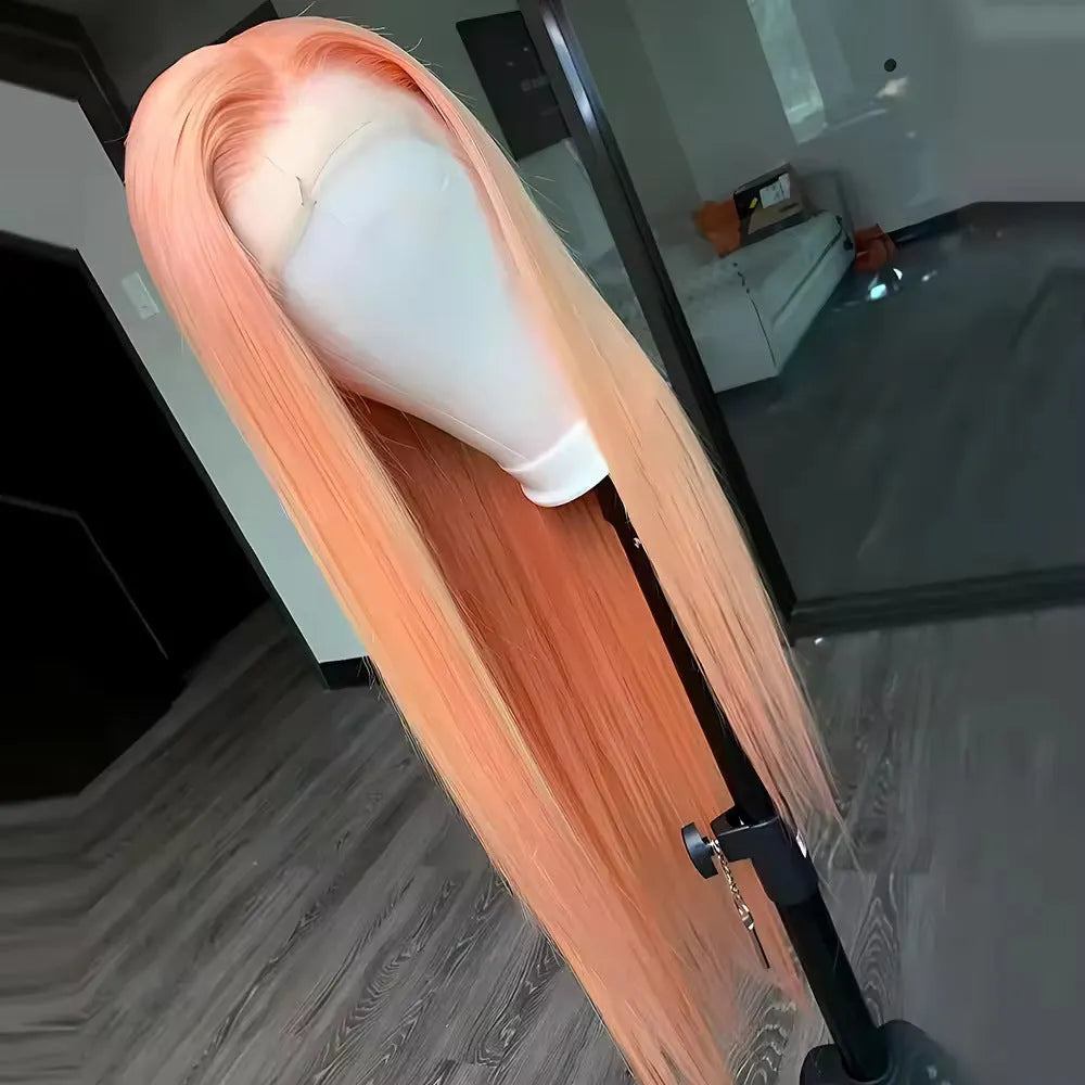 Light orange long straight front lace wig on a model, showing side bangs style.