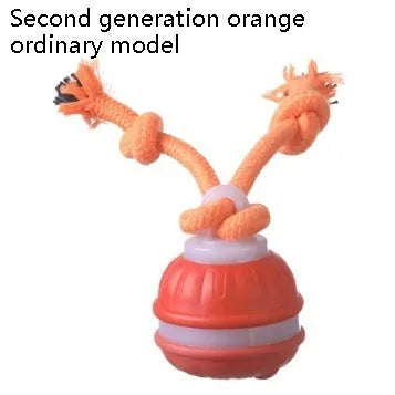 Electric rolling dog ball in bite-resistant plastic, shown in orange bird calling and blue regular styles