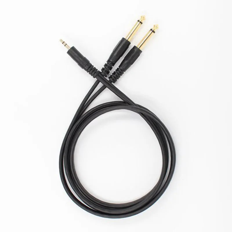 3.5mm to two 6.35mm male plug audio Y-cable in black with gold-plated connectors.