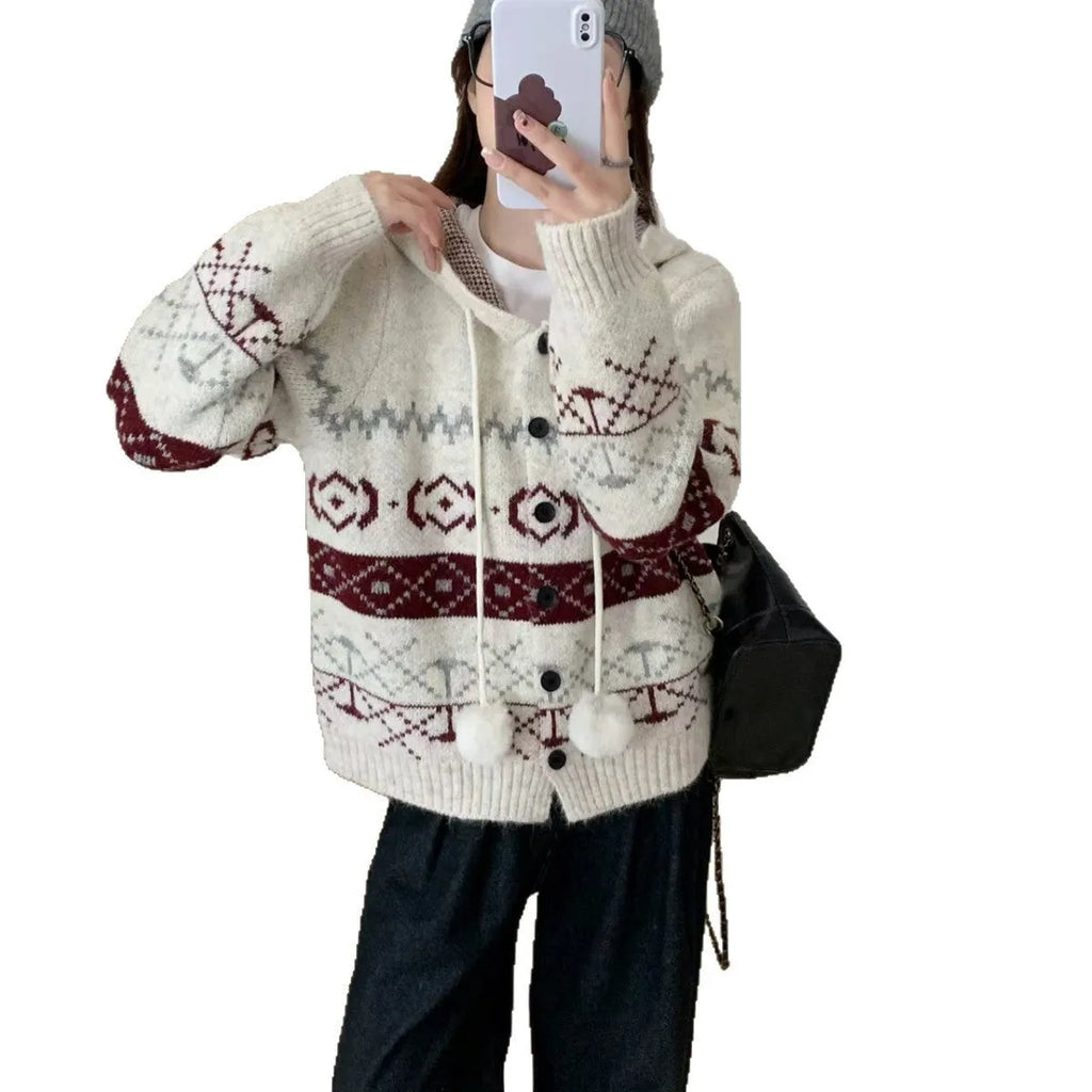 Plus size women's grey brocade sweater coat with geometric pattern and long sleeves.