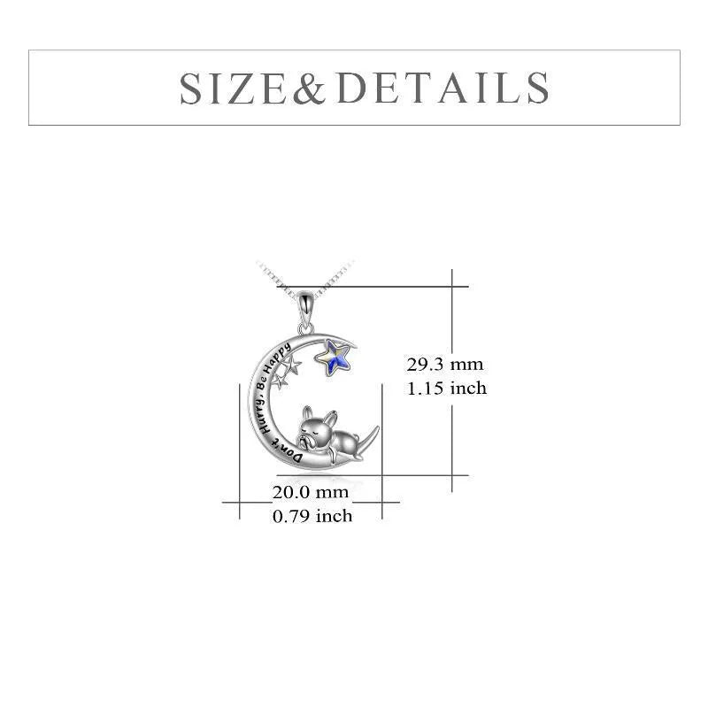Sterling silver French bulldog moon pendant necklace on box chain with crystal stone