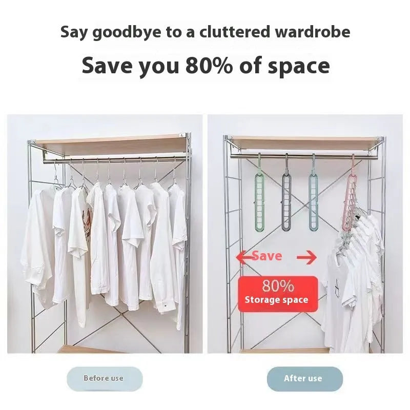 Multifunctional plastic hanger with nine holes for trousers, shown in folded position for space saving