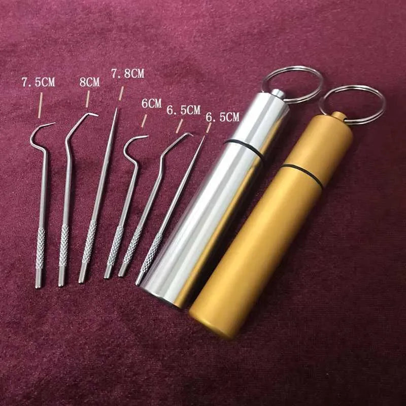 7-piece 304 stainless steel toothpick set with dental floss in a white portable cylinder