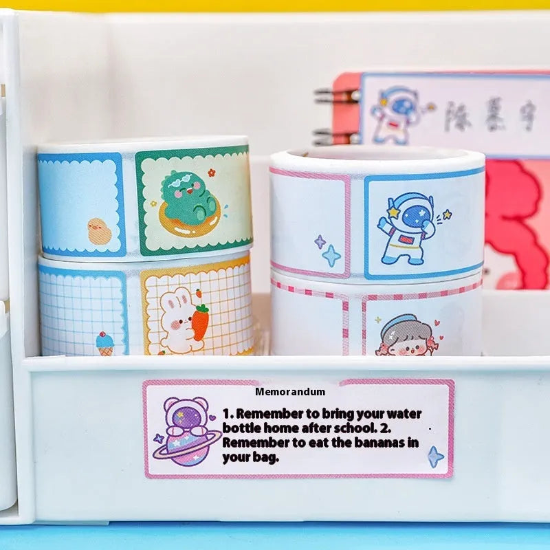 Roll of student name tape stickers with cartoon designs for school organisation