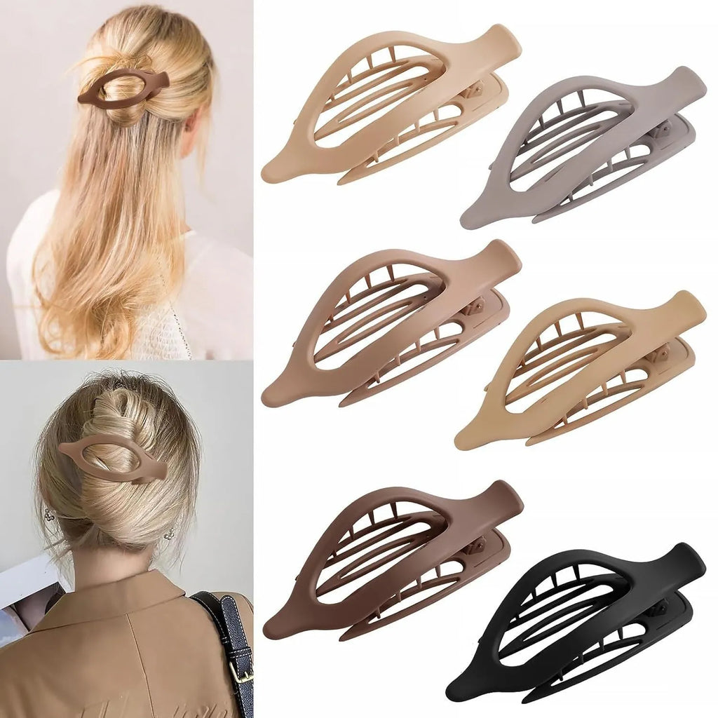 Six nude plastic hair clips with frosted finish and pointed toe quadrilateral design