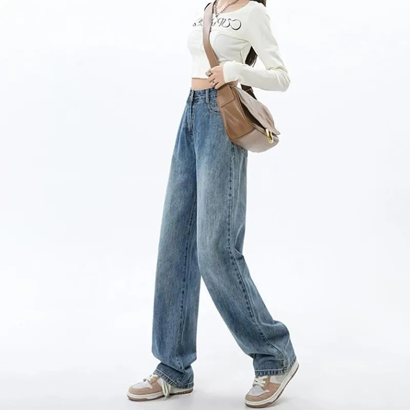 Women's retro blue wide leg jeans with high waist and straight cut design