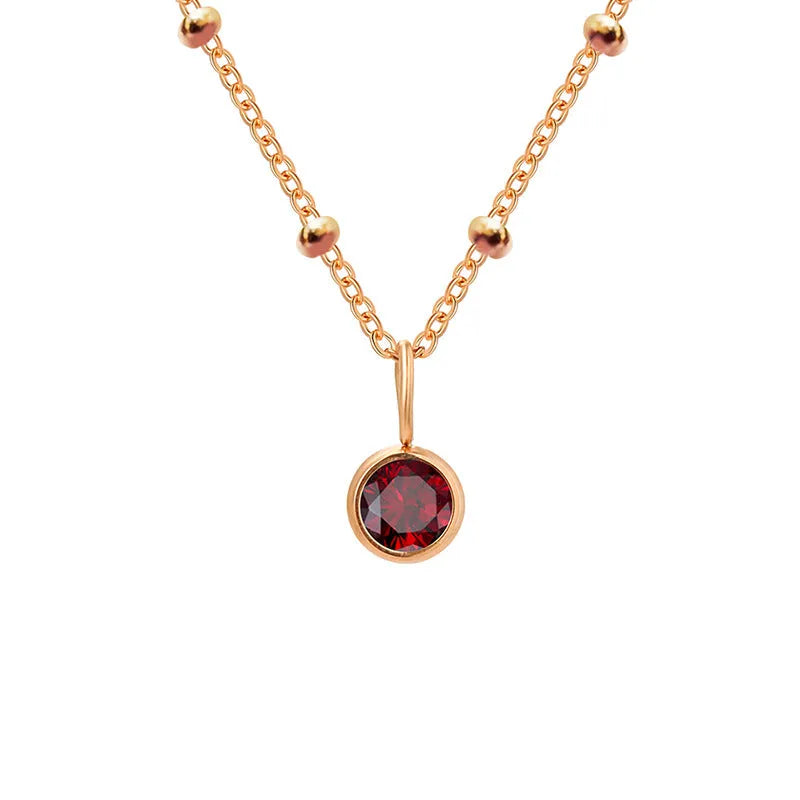 Stainless steel birthstone necklace with round pendant and ball bead chain in multiple colour options