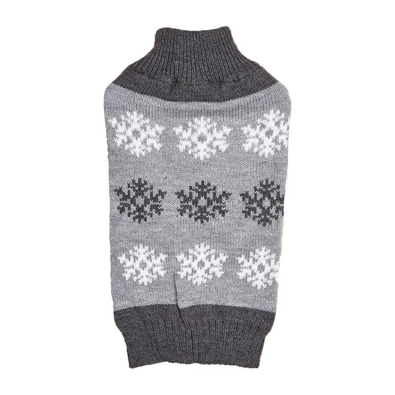 Snowflake pattern Christmas dog sweater in dark brown and grey colours on small dog