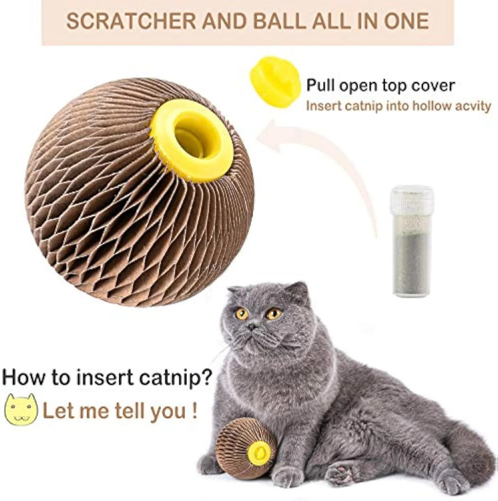 Brown refillable catnip ball toy for cats, 76mm corrugated paper scratcher with natural catnip