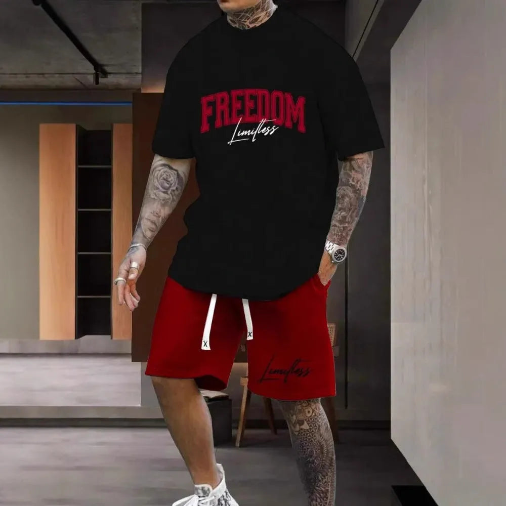 Men's grey 3D printed letter design short sleeve top and shorts two-piece suit set on a hanger.