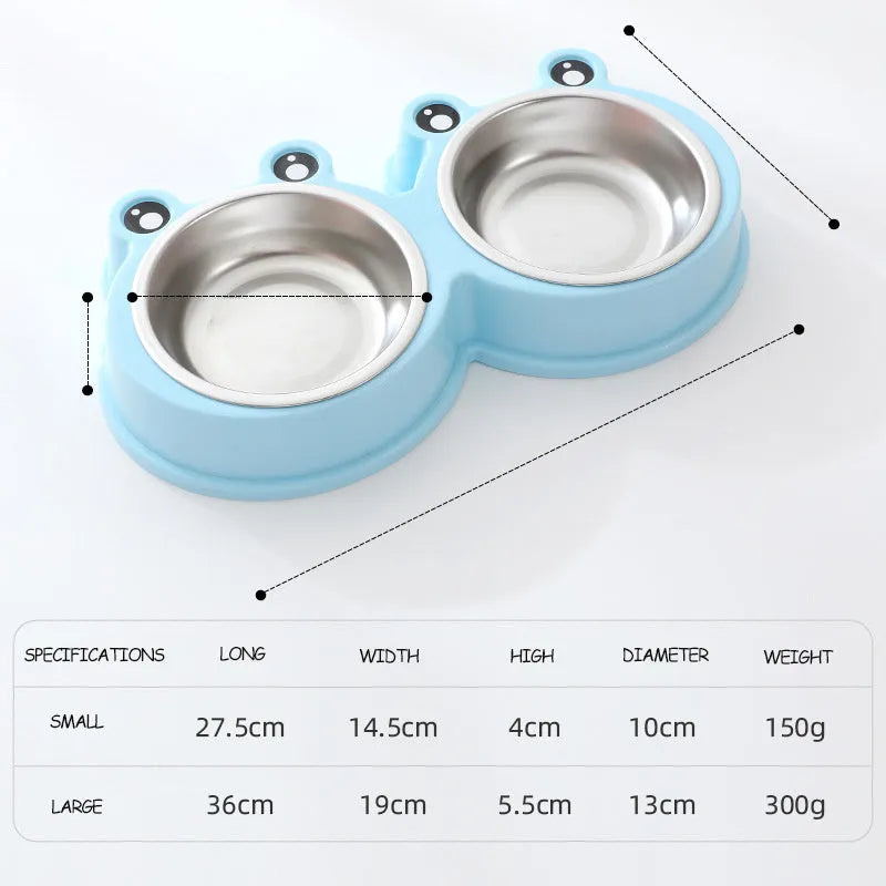 Stainless steel pet double bowl with non-slip frog base in blue, green, and pink colour options