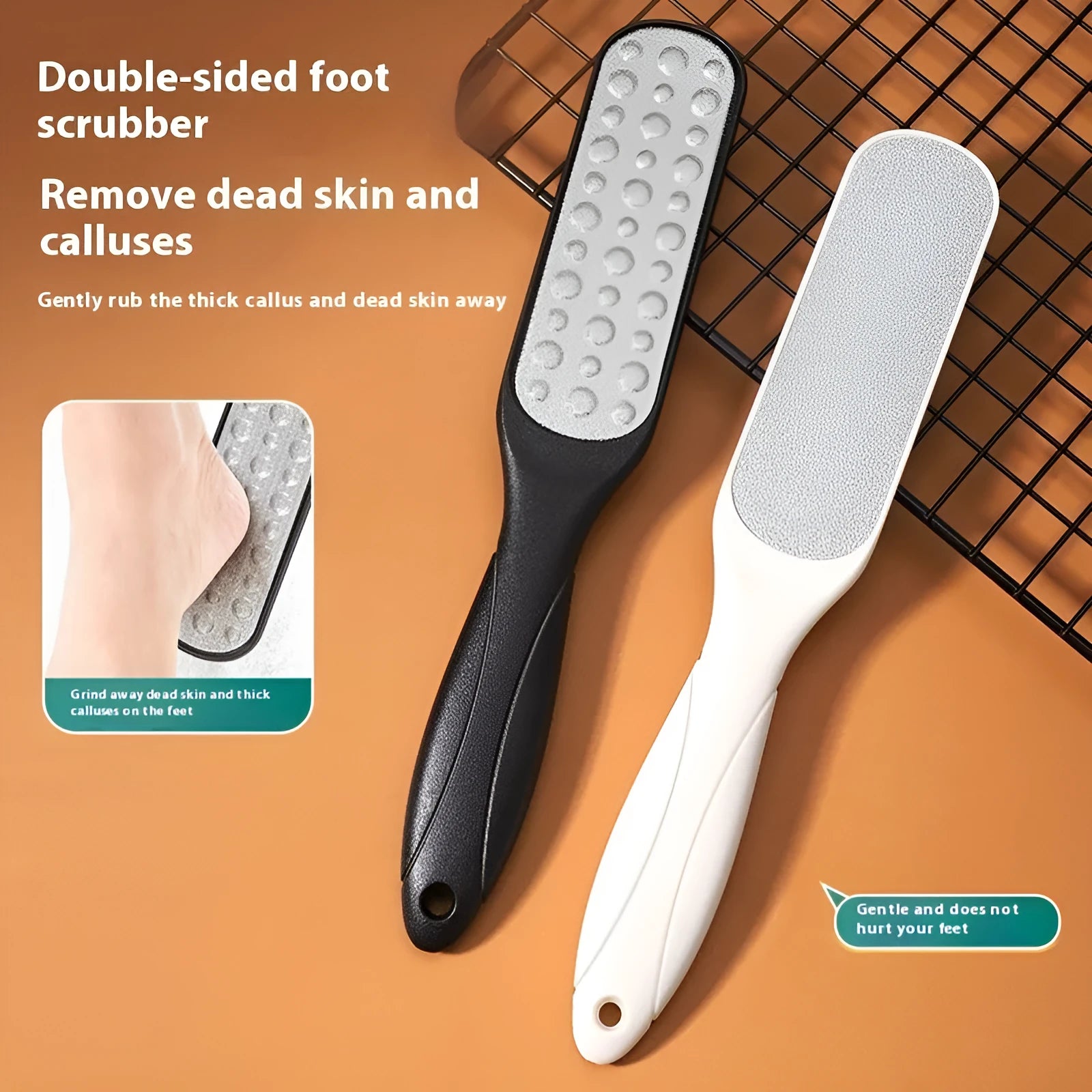 Stainless steel foot grinder with double-sided file, white and black foot gear pads.