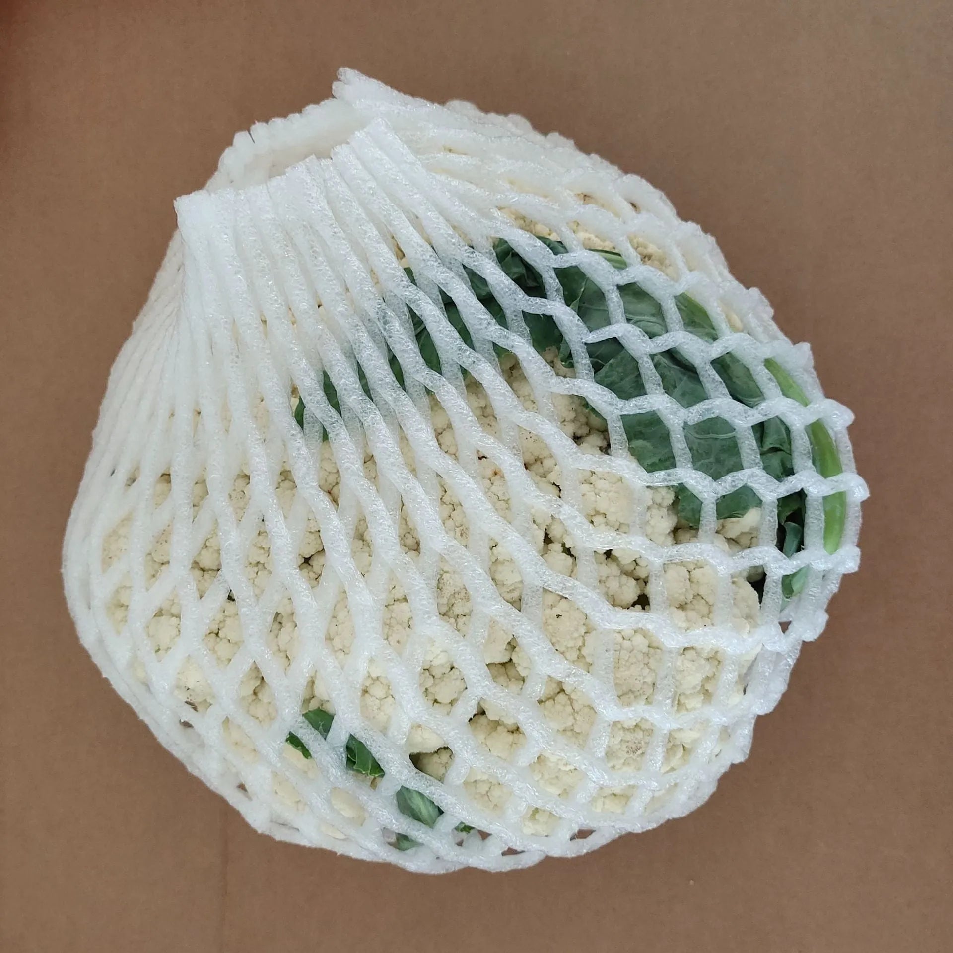 White foam net protective sleeve for apples and oranges, shown in various sizes.