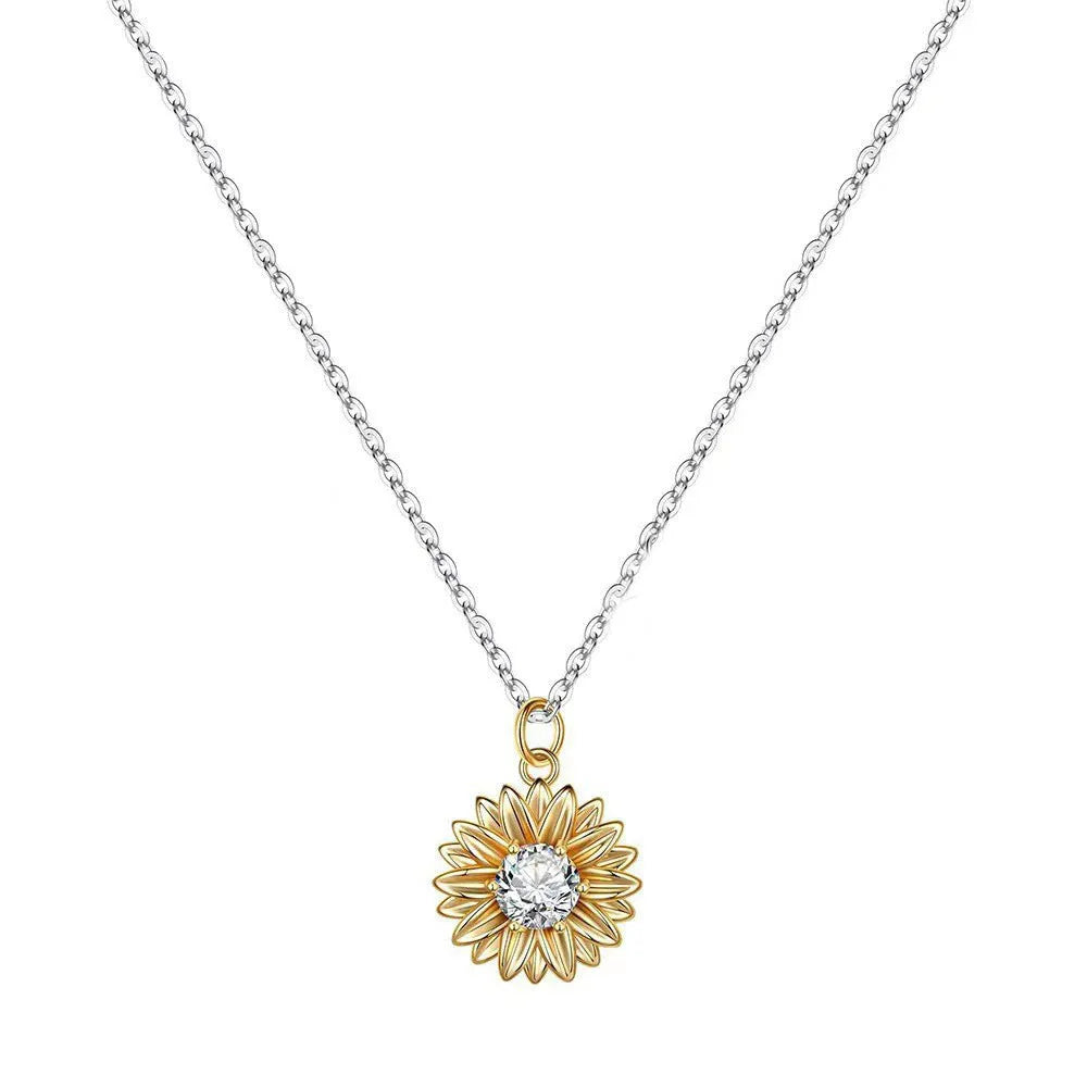 925 silver sunflower necklace with geometric daisy pendant on an adjustable cross chain